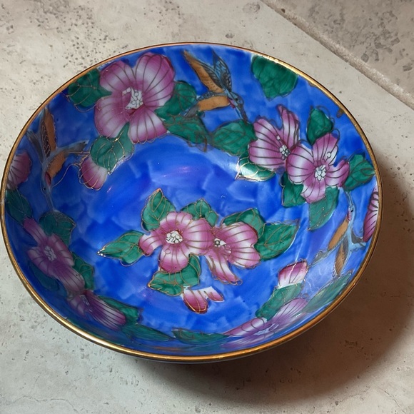 chinese Other - Vintage decorative Chinese cloisonné bowl featuring a vibrant blue background.